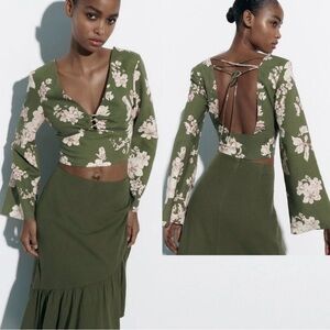 Zara Crop Top Womens M Green Floral Linen Blend Long Sleeve Boho Tie Back NWT